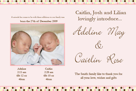 Twin Girl Birth Announcements and Baby Thank You Photo Cards TA12-Photo cards, personalised photo cards, photocards, personalised photocards, baby cards, personalised baby cards, birth announcements, personalised birth announcements, christening invitations, personalised christening invitations, personalised invitations, personalised announcements, invitations, announcements, photo invitations, photo announcements, personalised photo invitations, personalised photo announcements, announcement cards, announcement photo cards, photo christening invitations, photo announcements, birthday invitations, personalised birthday invitations, photo birthday invitations, photocard birth announcements, photo card birth announcements, personalised photo card birth announcement, personalised photo birthday invitation, personalised invites, birth celebrations, personalised celebrations, personalised birth celebrations, baptism invitations, personalised baptism invitations, personalised photo baptism invitations, pregnancy announcements, pregnancy announcement cards,  pregnancy cards, personalised pregnancy announcements, personalised pregnancy announcement cards, personalised pregnancy cards, baby shower invitations, personalised baby shower invitations, engagement invitations, personalised engagement invitations, photo engagement invitations, personalised photo engagement invitations, engagement photo cards, save the date cards, personalised save the date cards, photo save the date cards, wedding thank-you cards, personalised wedding thank-you cards, wedding thank-you photo cards,