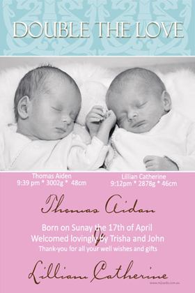 Twin Girl and Boy Birth Announcements and Baby Thank You Photo Cards TA13-Photo cards, personalised photo cards, photocards, personalised photocards, baby cards, personalised baby cards, birth announcements, personalised birth announcements, christening invitations, personalised christening invitations, personalised invitations, personalised announcements, invitations, announcements, photo invitations, photo announcements, personalised photo invitations, personalised photo announcements, announcement cards, announcement photo cards, photo christening invitations, photo announcements, birthday invitations, personalised birthday invitations, photo birthday invitations, photocard birth announcements, photo card birth announcements, personalised photo card birth announcement, personalised photo birthday invitation, personalised invites, birth celebrations, personalised celebrations, personalised birth celebrations, baptism invitations, personalised baptism invitations, personalised photo baptism invitations, pregnancy announcements, pregnancy announcement cards,  pregnancy cards, personalised pregnancy announcements, personalised pregnancy announcement cards, personalised pregnancy cards, baby shower invitations, personalised baby shower invitations, engagement invitations, personalised engagement invitations, photo engagement invitations, personalised photo engagement invitations, engagement photo cards, save the date cards, personalised save the date cards, photo save the date cards, wedding thank-you cards, personalised wedding thank-you cards, wedding thank-you photo cards,