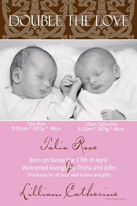 Twin Girl Birth Announcements and Baby Thank You Photo Cards TA15-Photo cards, personalised photo cards, photocards, personalised photocards, baby cards, personalised baby cards, birth announcements, personalised birth announcements, christening invitations, personalised christening invitations, personalised invitations, personalised announcements, invitations, announcements, photo invitations, photo announcements, personalised photo invitations, personalised photo announcements, announcement cards, announcement photo cards, photo christening invitations, photo announcements, birthday invitations, personalised birthday invitations, photo birthday invitations, photocard birth announcements, photo card birth announcements, personalised photo card birth announcement, personalised photo birthday invitation, personalised invites, birth celebrations, personalised celebrations, personalised birth celebrations, baptism invitations, personalised baptism invitations, personalised photo baptism invitations, pregnancy announcements, pregnancy announcement cards,  pregnancy cards, personalised pregnancy announcements, personalised pregnancy announcement cards, personalised pregnancy cards, baby shower invitations, personalised baby shower invitations, engagement invitations, personalised engagement invitations, photo engagement invitations, personalised photo engagement invitations, engagement photo cards, save the date cards, personalised save the date cards, photo save the date cards, wedding thank-you cards, personalised wedding thank-you cards, wedding thank-you photo cards,