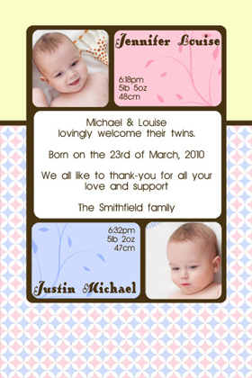 Twin Girl and Boy Birth Announcements and Baby Thank You Photo Cards TA22-Photo cards, personalised photo cards, photocards, personalised photocards, baby cards, personalised baby cards, birth announcements, personalised birth announcements, christening invitations, personalised christening invitations, personalised invitations, personalised announcements, invitations, announcements, photo invitations, photo announcements, personalised photo invitations, personalised photo announcements, announcement cards, announcement photo cards, photo christening invitations, photo announcements, birthday invitations, personalised birthday invitations, photo birthday invitations, photocard birth announcements, photo card birth announcements, personalised photo card birth announcement, personalised photo birthday invitation, personalised invites, birth celebrations, personalised celebrations, personalised birth celebrations, baptism invitations, personalised baptism invitations, personalised photo baptism invitations, pregnancy announcements, pregnancy announcement cards,  pregnancy cards, personalised pregnancy announcements, personalised pregnancy announcement cards, personalised pregnancy cards, baby shower invitations, personalised baby shower invitations, engagement invitations, personalised engagement invitations, photo engagement invitations, personalised photo engagement invitations, engagement photo cards, save the date cards, personalised save the date cards, photo save the date cards, wedding thank-you cards, personalised wedding thank-you cards, wedding thank-you photo cards,