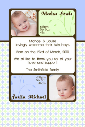 Twin Boy Birth Announcements and Baby Thank You Photo Cards TA23-Photo cards, personalised photo cards, photocards, personalised photocards, baby cards, personalised baby cards, birth announcements, personalised birth announcements, christening invitations, personalised christening invitations, personalised invitations, personalised announcements, invitations, announcements, photo invitations, photo announcements, personalised photo invitations, personalised photo announcements, announcement cards, announcement photo cards, photo christening invitations, photo announcements, birthday invitations, personalised birthday invitations, photo birthday invitations, photocard birth announcements, photo card birth announcements, personalised photo card birth announcement, personalised photo birthday invitation, personalised invites, birth celebrations, personalised celebrations, personalised birth celebrations, baptism invitations, personalised baptism invitations, personalised photo baptism invitations, pregnancy announcements, pregnancy announcement cards,  pregnancy cards, personalised pregnancy announcements, personalised pregnancy announcement cards, personalised pregnancy cards, baby shower invitations, personalised baby shower invitations, engagement invitations, personalised engagement invitations, photo engagement invitations, personalised photo engagement invitations, engagement photo cards, save the date cards, personalised save the date cards, photo save the date cards, wedding thank-you cards, personalised wedding thank-you cards, wedding thank-you photo cards,
