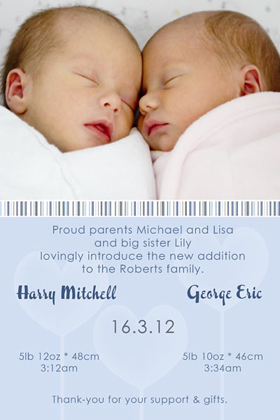 Twin Boy Birth Announcements and Baby Thank You Photo Cards TA26-Photo cards, personalised photo cards, photocards, personalised photocards, baby cards, personalised baby cards, birth announcements, personalised birth announcements, christening invitations, personalised christening invitations, personalised invitations, personalised announcements, invitations, announcements, photo invitations, photo announcements, personalised photo invitations, personalised photo announcements, announcement cards, announcement photo cards, photo christening invitations, photo announcements, birthday invitations, personalised birthday invitations, photo birthday invitations, photocard birth announcements, photo card birth announcements, personalised photo card birth announcement, personalised photo birthday invitation, personalised invites, birth celebrations, personalised celebrations, personalised birth celebrations, baptism invitations, personalised baptism invitations, personalised photo baptism invitations, pregnancy announcements, pregnancy announcement cards,  pregnancy cards, personalised pregnancy announcements, personalised pregnancy announcement cards, personalised pregnancy cards, baby shower invitations, personalised baby shower invitations, engagement invitations, personalised engagement invitations, photo engagement invitations, personalised photo engagement invitations, engagement photo cards, save the date cards, personalised save the date cards, photo save the date cards, wedding thank-you cards, personalised wedding thank-you cards, wedding thank-you photo cards,