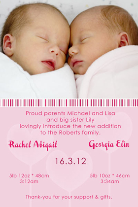 Twin Girl Birth Announcements and Baby Thank You Photo Cards TA27-Photo cards, personalised photo cards, photocards, personalised photocards, baby cards, personalised baby cards, birth announcements, personalised birth announcements, christening invitations, personalised christening invitations, personalised invitations, personalised announcements, invitations, announcements, photo invitations, photo announcements, personalised photo invitations, personalised photo announcements, announcement cards, announcement photo cards, photo christening invitations, photo announcements, birthday invitations, personalised birthday invitations, photo birthday invitations, photocard birth announcements, photo card birth announcements, personalised photo card birth announcement, personalised photo birthday invitation, personalised invites, birth celebrations, personalised celebrations, personalised birth celebrations, baptism invitations, personalised baptism invitations, personalised photo baptism invitations, pregnancy announcements, pregnancy announcement cards,  pregnancy cards, personalised pregnancy announcements, personalised pregnancy announcement cards, personalised pregnancy cards, baby shower invitations, personalised baby shower invitations, engagement invitations, personalised engagement invitations, photo engagement invitations, personalised photo engagement invitations, engagement photo cards, save the date cards, personalised save the date cards, photo save the date cards, wedding thank-you cards, personalised wedding thank-you cards, wedding thank-you photo cards,