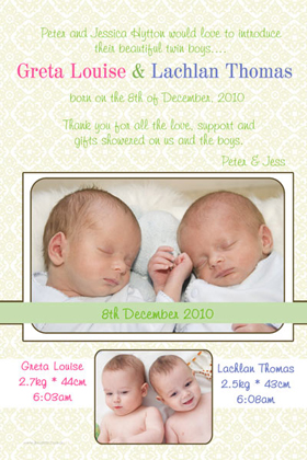 Twin Girl and Boy Birth Announcements and Baby Thank You Photo Cards TA28-Photo cards, personalised photo cards, photocards, personalised photocards, baby cards, personalised baby cards, birth announcements, personalised birth announcements, christening invitations, personalised christening invitations, personalised invitations, personalised announcements, invitations, announcements, photo invitations, photo announcements, personalised photo invitations, personalised photo announcements, announcement cards, announcement photo cards, photo christening invitations, photo announcements, birthday invitations, personalised birthday invitations, photo birthday invitations, photocard birth announcements, photo card birth announcements, personalised photo card birth announcement, personalised photo birthday invitation, personalised invites, birth celebrations, personalised celebrations, personalised birth celebrations, baptism invitations, personalised baptism invitations, personalised photo baptism invitations, pregnancy announcements, pregnancy announcement cards,  pregnancy cards, personalised pregnancy announcements, personalised pregnancy announcement cards, personalised pregnancy cards, baby shower invitations, personalised baby shower invitations, engagement invitations, personalised engagement invitations, photo engagement invitations, personalised photo engagement invitations, engagement photo cards, save the date cards, personalised save the date cards, photo save the date cards, wedding thank-you cards, personalised wedding thank-you cards, wedding thank-you photo cards,
