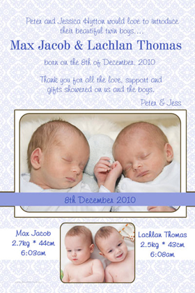 Twin Boy Birth Announcements and Baby Thank You Photo Cards TA29-Photo cards, personalised photo cards, photocards, personalised photocards, baby cards, personalised baby cards, birth announcements, personalised birth announcements, christening invitations, personalised christening invitations, personalised invitations, personalised announcements, invitations, announcements, photo invitations, photo announcements, personalised photo invitations, personalised photo announcements, announcement cards, announcement photo cards, photo christening invitations, photo announcements, birthday invitations, personalised birthday invitations, photo birthday invitations, photocard birth announcements, photo card birth announcements, personalised photo card birth announcement, personalised photo birthday invitation, personalised invites, birth celebrations, personalised celebrations, personalised birth celebrations, baptism invitations, personalised baptism invitations, personalised photo baptism invitations, pregnancy announcements, pregnancy announcement cards,  pregnancy cards, personalised pregnancy announcements, personalised pregnancy announcement cards, personalised pregnancy cards, baby shower invitations, personalised baby shower invitations, engagement invitations, personalised engagement invitations, photo engagement invitations, personalised photo engagement invitations, engagement photo cards, save the date cards, personalised save the date cards, photo save the date cards, wedding thank-you cards, personalised wedding thank-you cards, wedding thank-you photo cards,