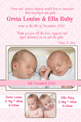Twin Girl Birth Announcements and Baby Thank You Photo Cards TA30-Photo cards, personalised photo cards, photocards, personalised photocards, baby cards, personalised baby cards, birth announcements, personalised birth announcements, christening invitations, personalised christening invitations, personalised invitations, personalised announcements, invitations, announcements, photo invitations, photo announcements, personalised photo invitations, personalised photo announcements, announcement cards, announcement photo cards, photo christening invitations, photo announcements, birthday invitations, personalised birthday invitations, photo birthday invitations, photocard birth announcements, photo card birth announcements, personalised photo card birth announcement, personalised photo birthday invitation, personalised invites, birth celebrations, personalised celebrations, personalised birth celebrations, baptism invitations, personalised baptism invitations, personalised photo baptism invitations, pregnancy announcements, pregnancy announcement cards,  pregnancy cards, personalised pregnancy announcements, personalised pregnancy announcement cards, personalised pregnancy cards, baby shower invitations, personalised baby shower invitations, engagement invitations, personalised engagement invitations, photo engagement invitations, personalised photo engagement invitations, engagement photo cards, save the date cards, personalised save the date cards, photo save the date cards, wedding thank-you cards, personalised wedding thank-you cards, wedding thank-you photo cards,