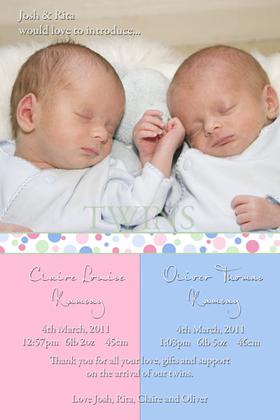 Twin Girl and Boy Birth Announcements and Baby Thank You Photo Cards TA34-Photo cards, personalised photo cards, photocards, personalised photocards, baby cards, personalised baby cards, birth announcements, personalised birth announcements, christening invitations, personalised christening invitations, personalised invitations, personalised announcements, invitations, announcements, photo invitations, photo announcements, personalised photo invitations, personalised photo announcements, announcement cards, announcement photo cards, photo christening invitations, photo announcements, birthday invitations, personalised birthday invitations, photo birthday invitations, photocard birth announcements, photo card birth announcements, personalised photo card birth announcement, personalised photo birthday invitation, personalised invites, birth celebrations, personalised celebrations, personalised birth celebrations, baptism invitations, personalised baptism invitations, personalised photo baptism invitations, pregnancy announcements, pregnancy announcement cards,  pregnancy cards, personalised pregnancy announcements, personalised pregnancy announcement cards, personalised pregnancy cards, baby shower invitations, personalised baby shower invitations, engagement invitations, personalised engagement invitations, photo engagement invitations, personalised photo engagement invitations, engagement photo cards, save the date cards, personalised save the date cards, photo save the date cards, wedding thank-you cards, personalised wedding thank-you cards, wedding thank-you photo cards,