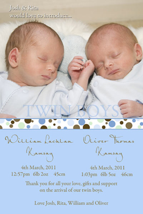 Twin Boy Birth Announcements and Baby Thank You Photo Cards TA35-Photo cards, personalised photo cards, photocards, personalised photocards, baby cards, personalised baby cards, birth announcements, personalised birth announcements, christening invitations, personalised christening invitations, personalised invitations, personalised announcements, invitations, announcements, photo invitations, photo announcements, personalised photo invitations, personalised photo announcements, announcement cards, announcement photo cards, photo christening invitations, photo announcements, birthday invitations, personalised birthday invitations, photo birthday invitations, photocard birth announcements, photo card birth announcements, personalised photo card birth announcement, personalised photo birthday invitation, personalised invites, birth celebrations, personalised celebrations, personalised birth celebrations, baptism invitations, personalised baptism invitations, personalised photo baptism invitations, pregnancy announcements, pregnancy announcement cards,  pregnancy cards, personalised pregnancy announcements, personalised pregnancy announcement cards, personalised pregnancy cards, baby shower invitations, personalised baby shower invitations, engagement invitations, personalised engagement invitations, photo engagement invitations, personalised photo engagement invitations, engagement photo cards, save the date cards, personalised save the date cards, photo save the date cards, wedding thank-you cards, personalised wedding thank-you cards, wedding thank-you photo cards,