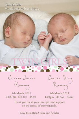 Twin Girl Birth Announcements and Baby Thank You Photo Cards TA36-Photo cards, personalised photo cards, photocards, personalised photocards, baby cards, personalised baby cards, birth announcements, personalised birth announcements, christening invitations, personalised christening invitations, personalised invitations, personalised announcements, invitations, announcements, photo invitations, photo announcements, personalised photo invitations, personalised photo announcements, announcement cards, announcement photo cards, photo christening invitations, photo announcements, birthday invitations, personalised birthday invitations, photo birthday invitations, photocard birth announcements, photo card birth announcements, personalised photo card birth announcement, personalised photo birthday invitation, personalised invites, birth celebrations, personalised celebrations, personalised birth celebrations, baptism invitations, personalised baptism invitations, personalised photo baptism invitations, pregnancy announcements, pregnancy announcement cards,  pregnancy cards, personalised pregnancy announcements, personalised pregnancy announcement cards, personalised pregnancy cards, baby shower invitations, personalised baby shower invitations, engagement invitations, personalised engagement invitations, photo engagement invitations, personalised photo engagement invitations, engagement photo cards, save the date cards, personalised save the date cards, photo save the date cards, wedding thank-you cards, personalised wedding thank-you cards, wedding thank-you photo cards,